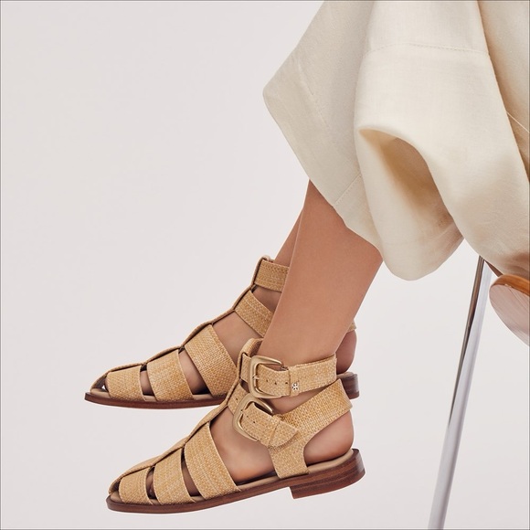 Sam Edelman Rattan Cage Sandals Dawn Fisherman Size 7.5 Cream Beige Big Buckles - Picture 1 of 11